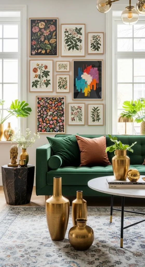 6 Green Couch Living Room Ideas Green couch with botanical art and decorative vases