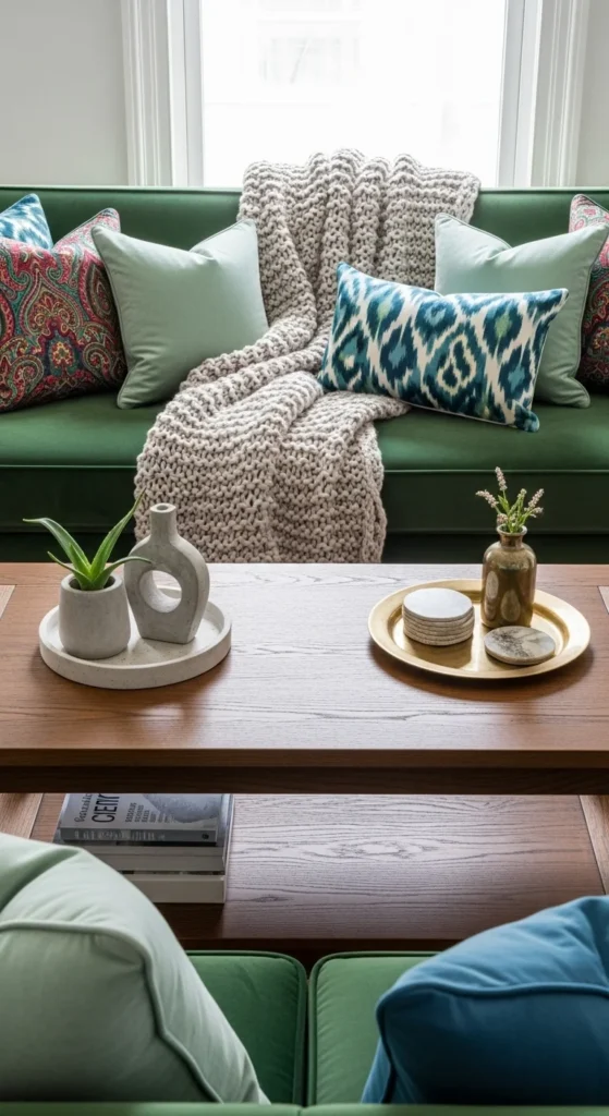 6 Green Couch Living Room Ideas Green couch with patterned cushions and rustic coffee table