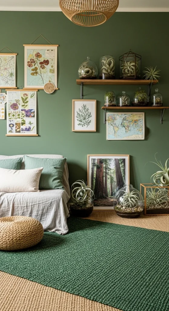 7 Best Green Living Room Ideas to Brighten Your Home Green reading nook with eco chair, shelf, and plants