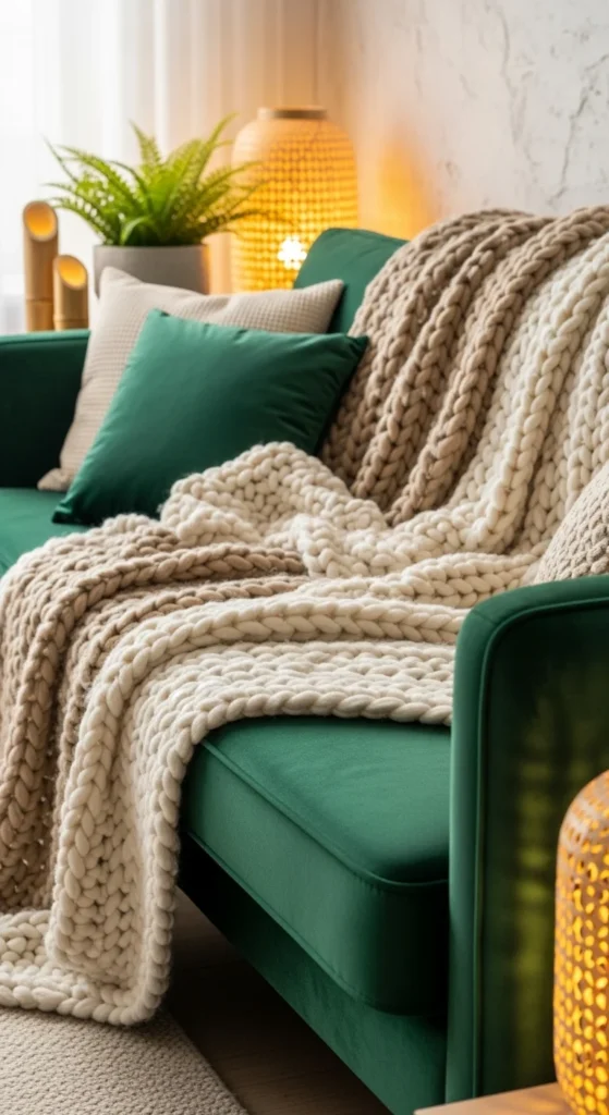 6 Green Couch Living Room Ideas Green velvet couch with wool and knit textured throws