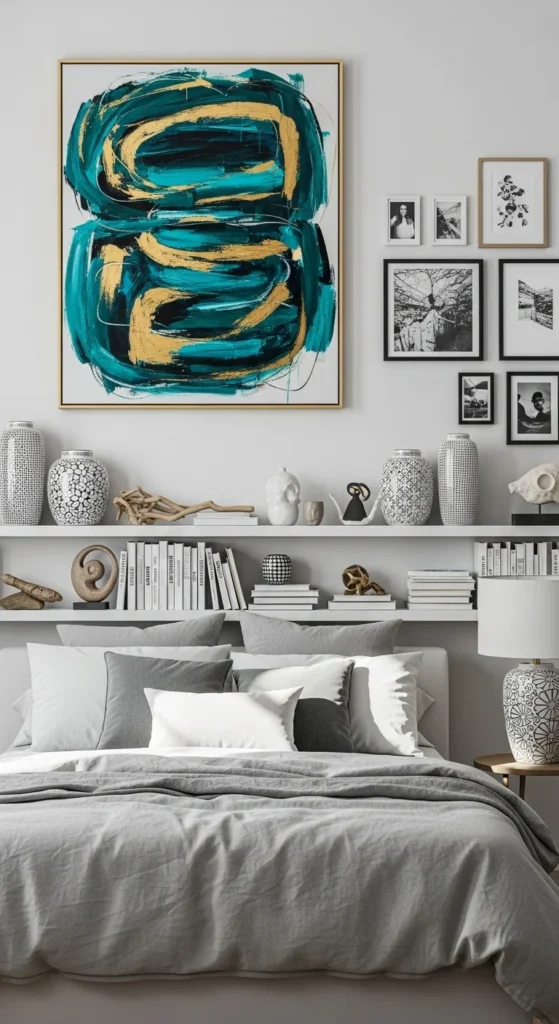 6 Stylish Ways To Glam Up A Grey Bedroom Grey bedroom with abstract wall art and personal decor