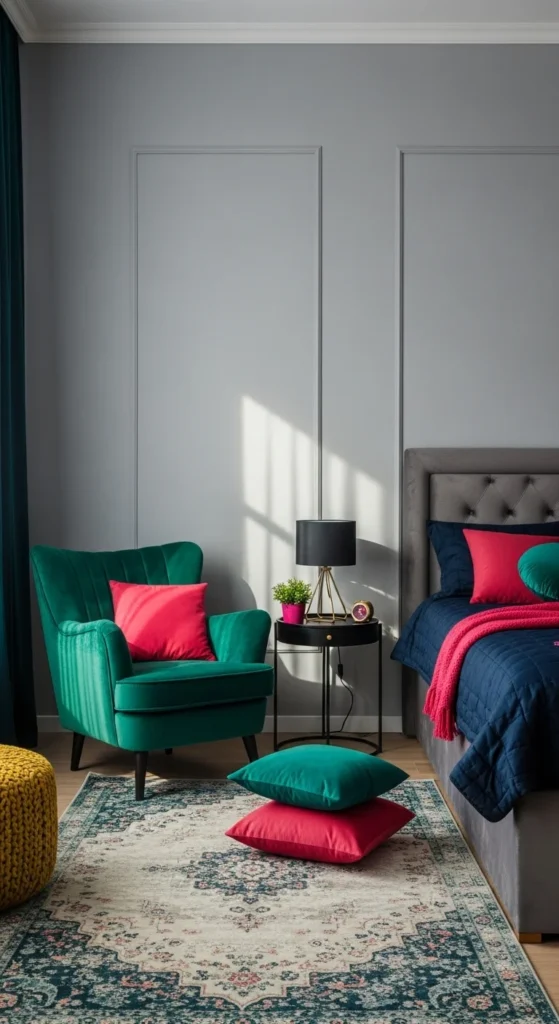 6 Stylish Ways To Glam Up A Grey Bedroom Grey bedroom with emerald green chair and colorful accents