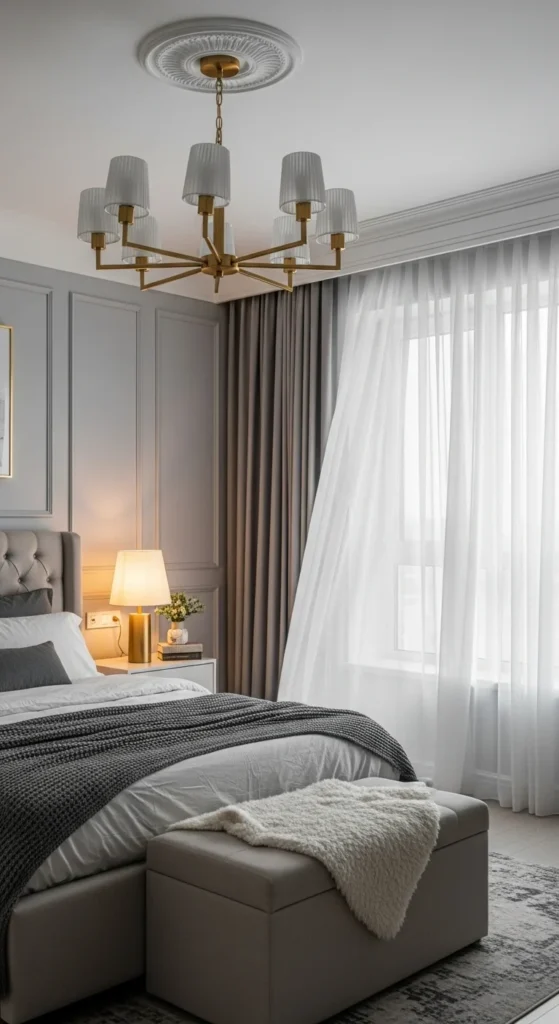 6 Stylish Ways To Glam Up A Grey Bedroom Grey bedroom with gold chandelier and soft layered lighting