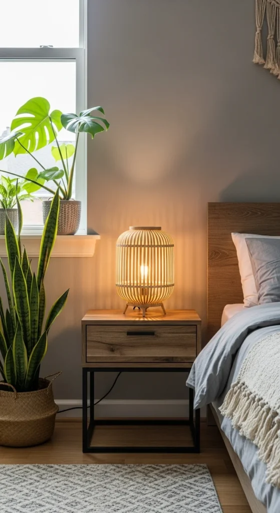 6 Stylish Ways To Glam Up A Grey Bedroom Grey bedroom with green plants and natural wood furniture