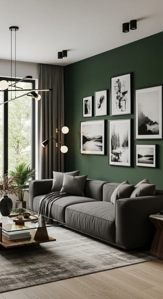10 Dark Grey Couch Living Room Ideas You’ll Love Grey couch set in front of a bold forest green accent wall