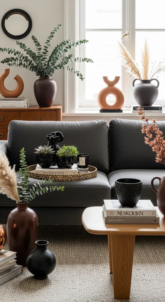 10 Dark Grey Couch Living Room Ideas You’ll Love Art displayed above grey couch in a coordinated palette