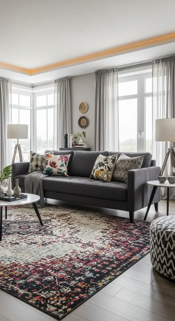 10 Dark Grey Couch Living Room Ideas You’ll Love Grey couch with mixed patterned pillows and vibrant rug