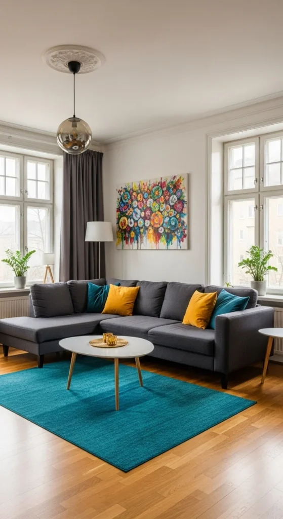10 Dark Grey Couch Living Room Ideas You’ll Love Grey couch with pops of mustard yellow and teal decor