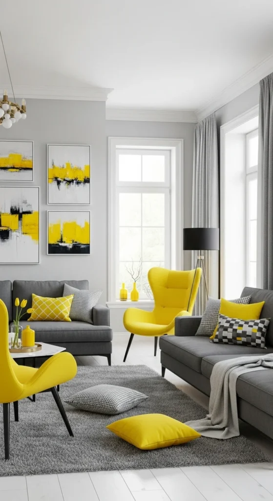 Top 8 Living Room Color Combinations That Inspire Grey monochrome living room with bright yellow accents
