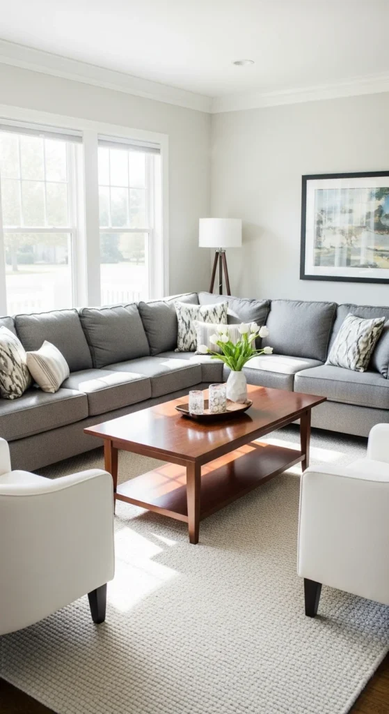 8 Grey Sofa Living Room Ideas to Refresh Your Space Grey sectional sofa arranged in an inviting living room layout