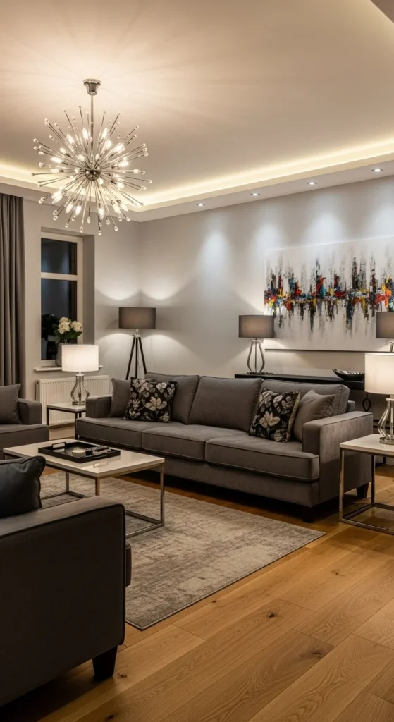 8 Grey Sofa Living Room Ideas to Refresh Your Space Grey sofa in living room with layered warm lighting