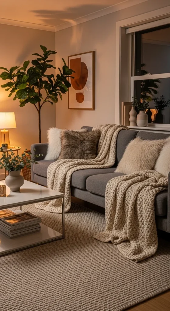 8 Grey Sofa Living Room Ideas to Refresh Your Space Grey sofa layered with throws, cushions, and a cozy rug
