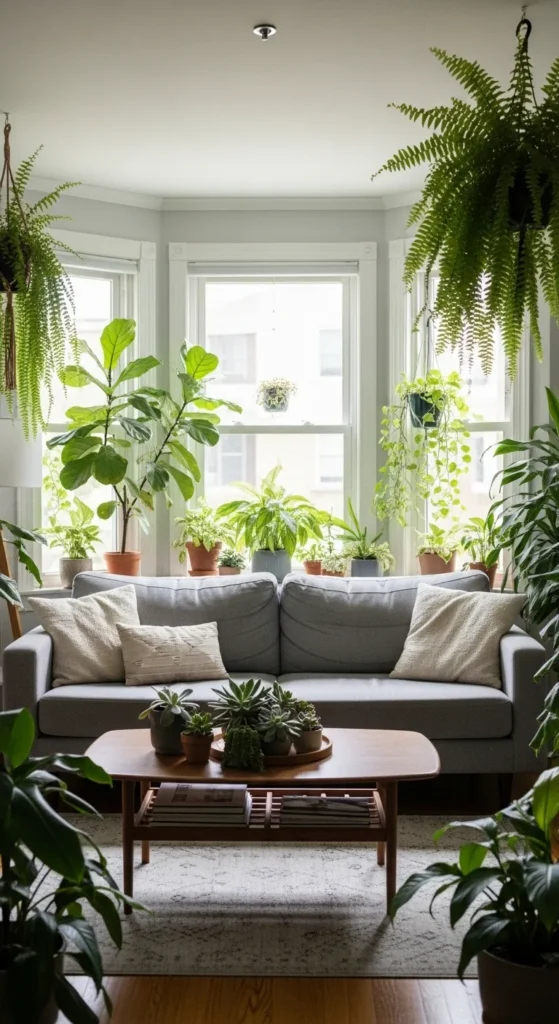 8 Grey Sofa Living Room Ideas to Refresh Your Space Grey sofa styled with indoor plants and natural decor