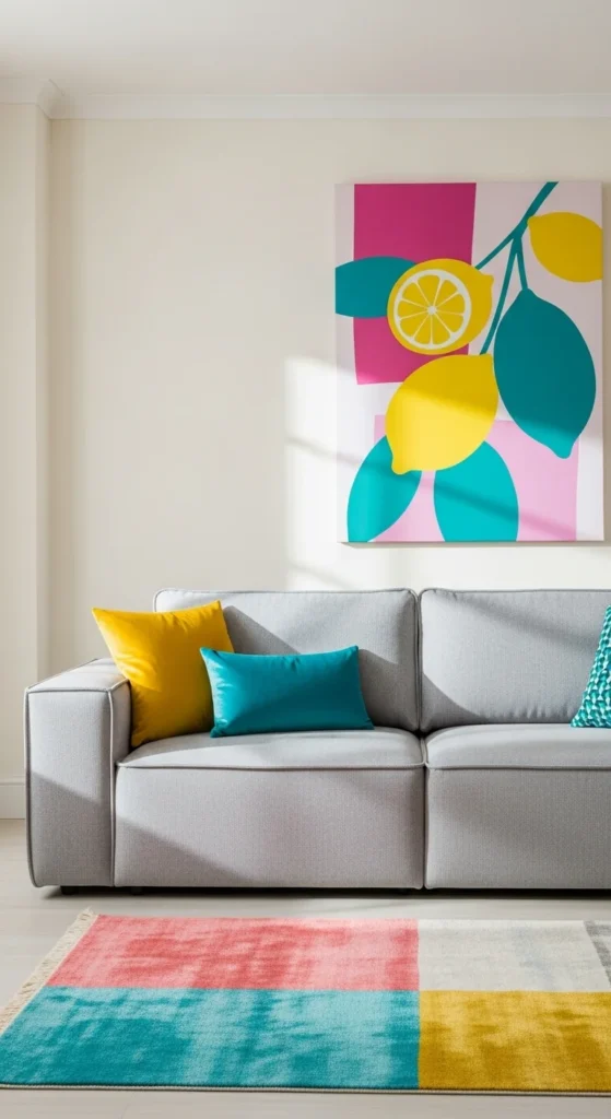 8 Grey Sofa Living Room Ideas to Refresh Your Space Grey sofa with bold colorful pillows and vibrant accents