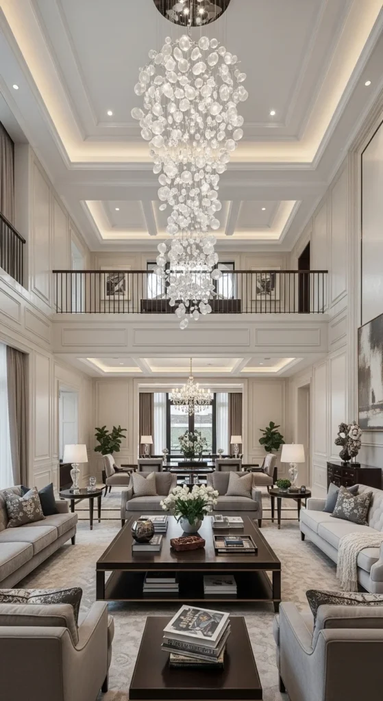 9 High Ceiling Living Room Lighting Ideas High-ceiling living room with a grand chandelier as the focal point