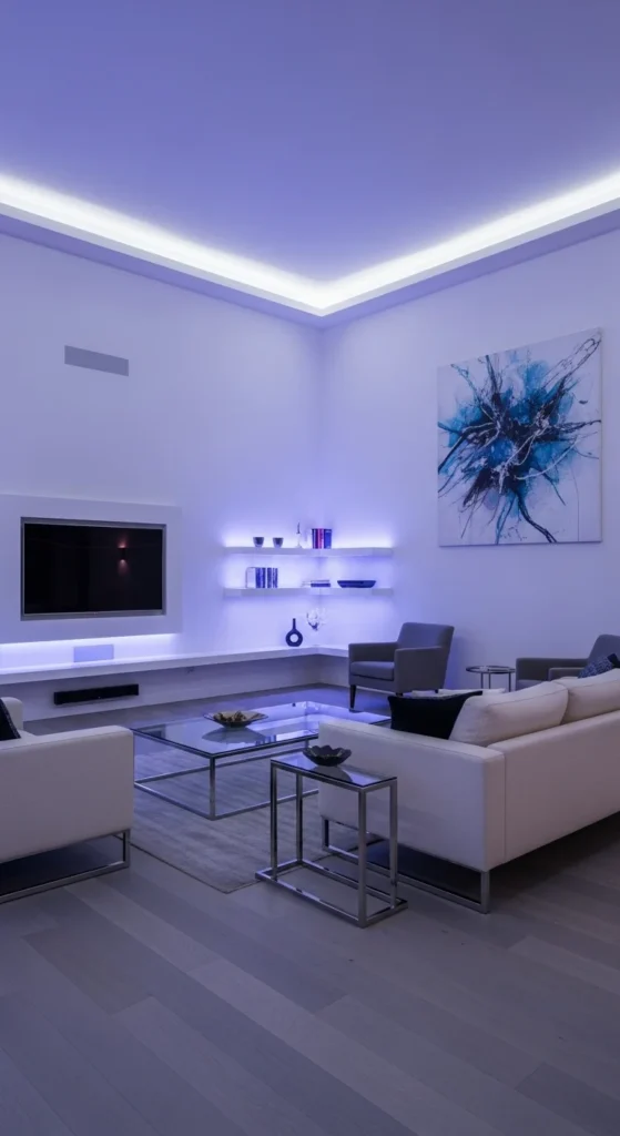 9 High Ceiling Living Room Lighting Ideas High ceiling living room with glowing color-changing LED lighting
