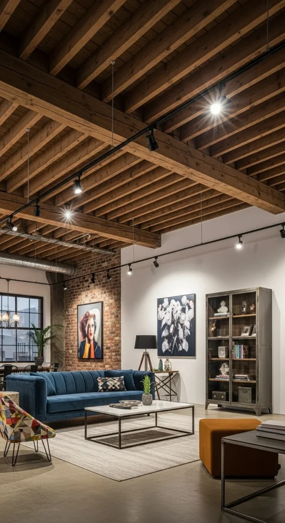 9 High Ceiling Living Room Lighting Ideas High ceiling room with track lights illuminating artwork and decor