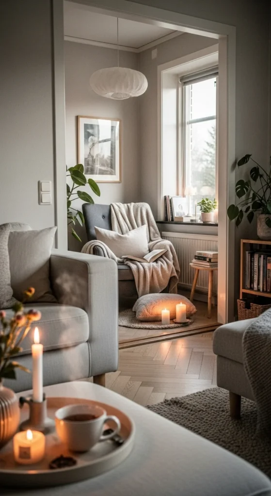 6 Chic Scandinavian Living Rooms for Holiday Comfort Hygge-themed Scandinavian room with candles and throws