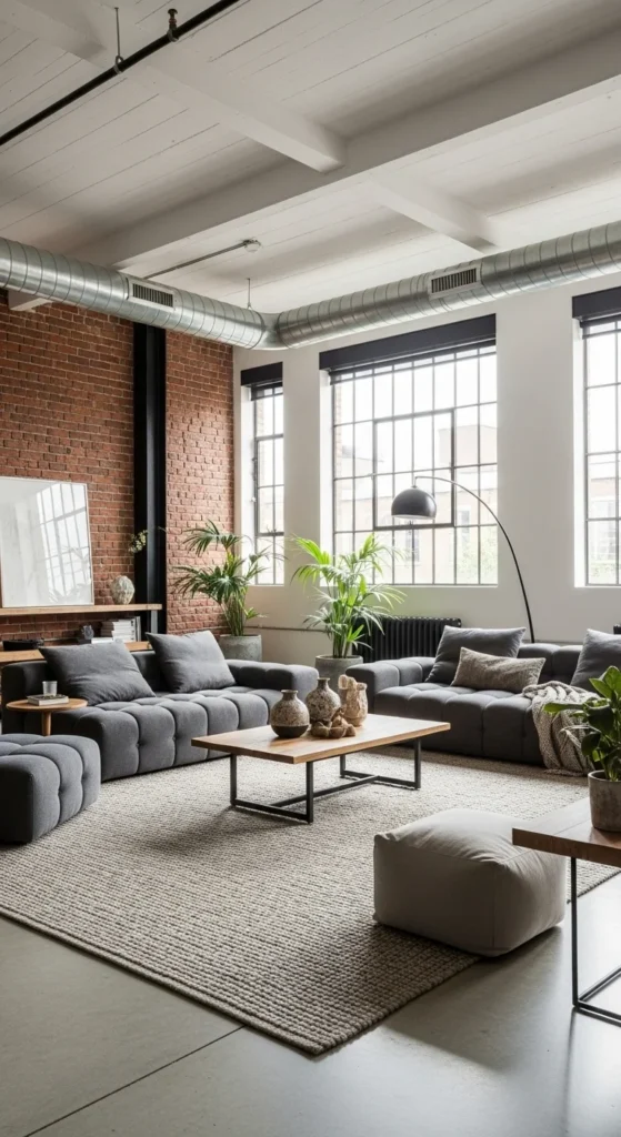 7 Stunning Industrial Living Room Ideas to Try Now Indoor plants add greenery to an industrial-style room