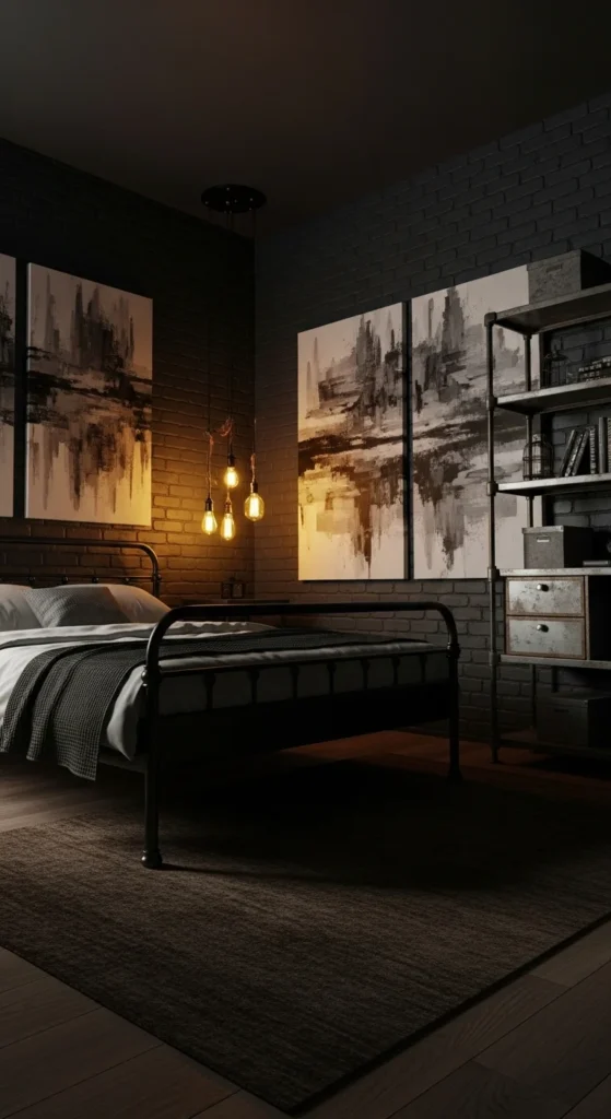 7 Inspirational Aesthetic Bedroom Design Ideas Industrial bedroom with brick wall and metal furniture