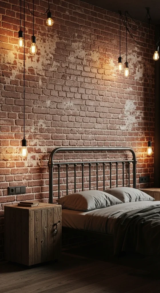 6 Modern Bedroom Ideas to Suit Every Style Industrial bedroom with brick wall, metal bed, and warm lighting