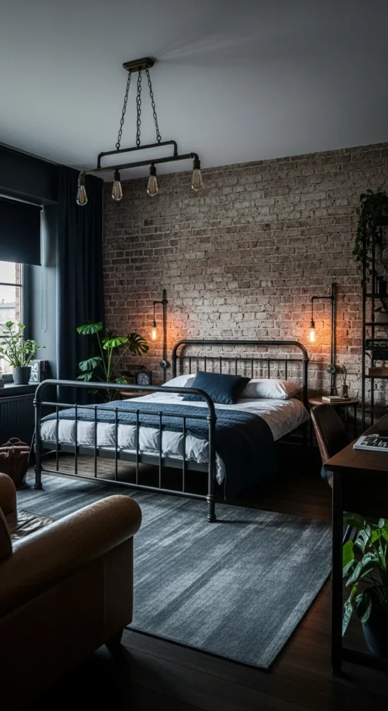 6 Bedroom Design Ideas for Men Industrial bedroom with exposed brick and metal accents