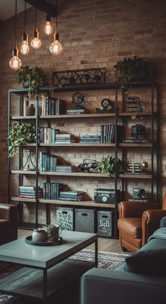 8 Best Living Room Shelving Ideas Industrial shelving with metal and wood in a stylish living room