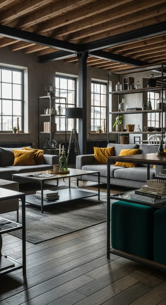 7 Stunning Industrial Living Room Ideas to Try Now Industrial space with bold colors and mixed textures