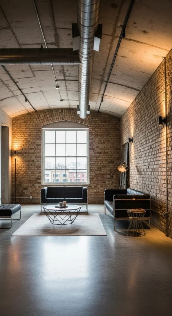 9 Half Vaulted Ceiling Living Room Designs Industrial-style living room with half-vaulted ceiling and exposed ducts