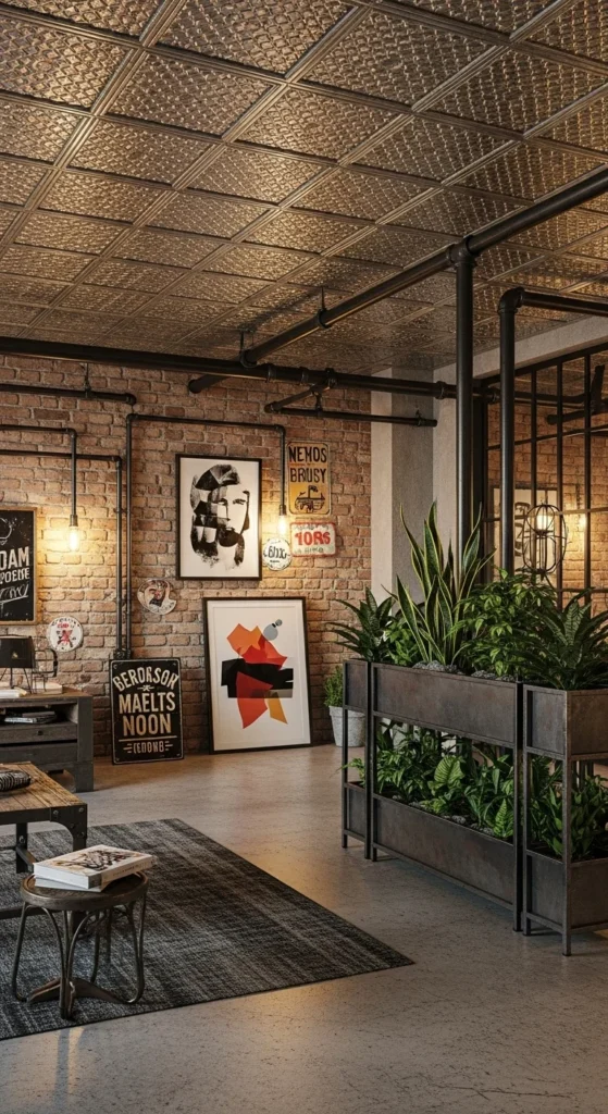 7 Popular Living Room False Ceiling Designs Industrial-style living room with metal ceiling panels