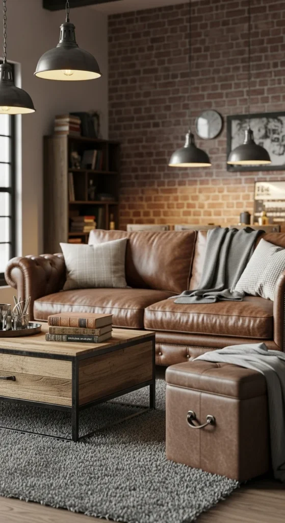 7 Stunning Industrial Living Room Ideas to Try Now Industrial-style room with leather couch and wood furniture