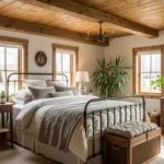 Inviting farmhouse bedroom with rustic beams, iron bed, and cozy vintage decor