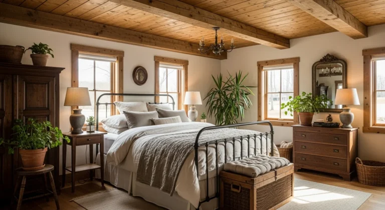 Inviting farmhouse bedroom with rustic beams, iron bed, and cozy vintage decor