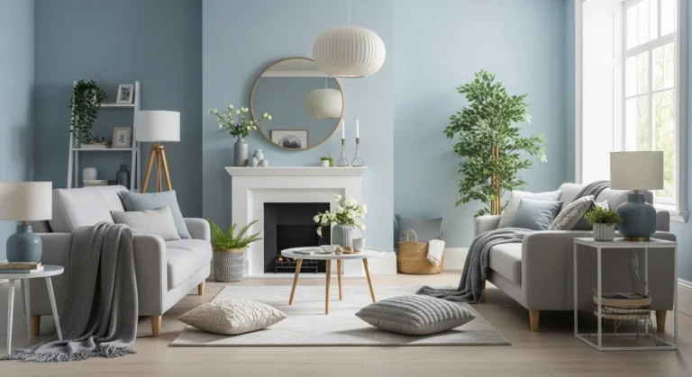 Inviting light blue living room with cozy textures and natural accents
