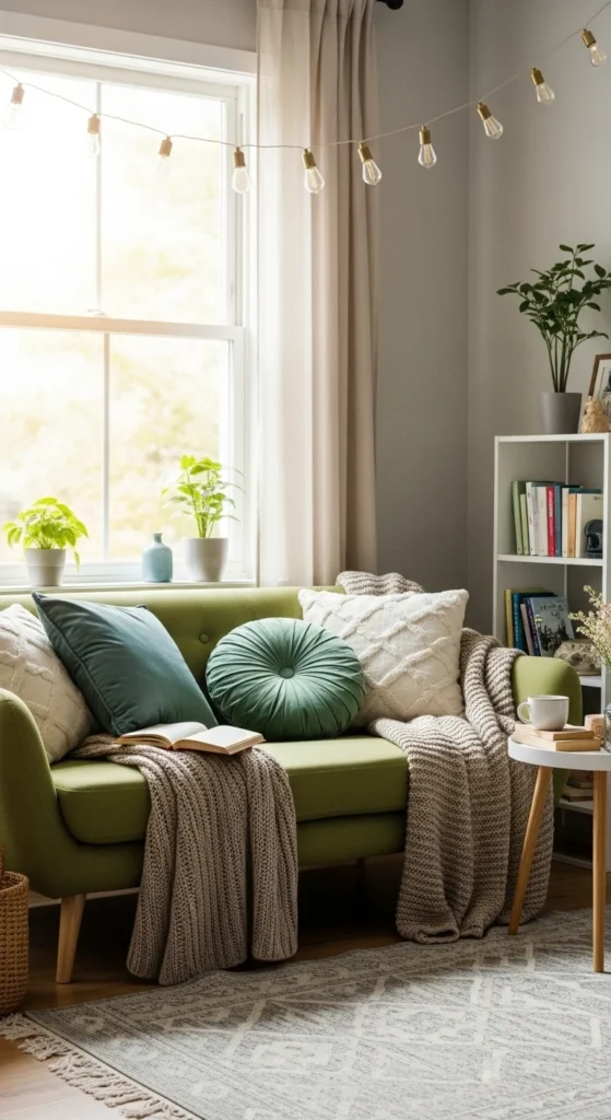 5 Stylish Green Sofa Living Room Ideas Inviting nook with green sofa, plush cushions, and soft lighting
