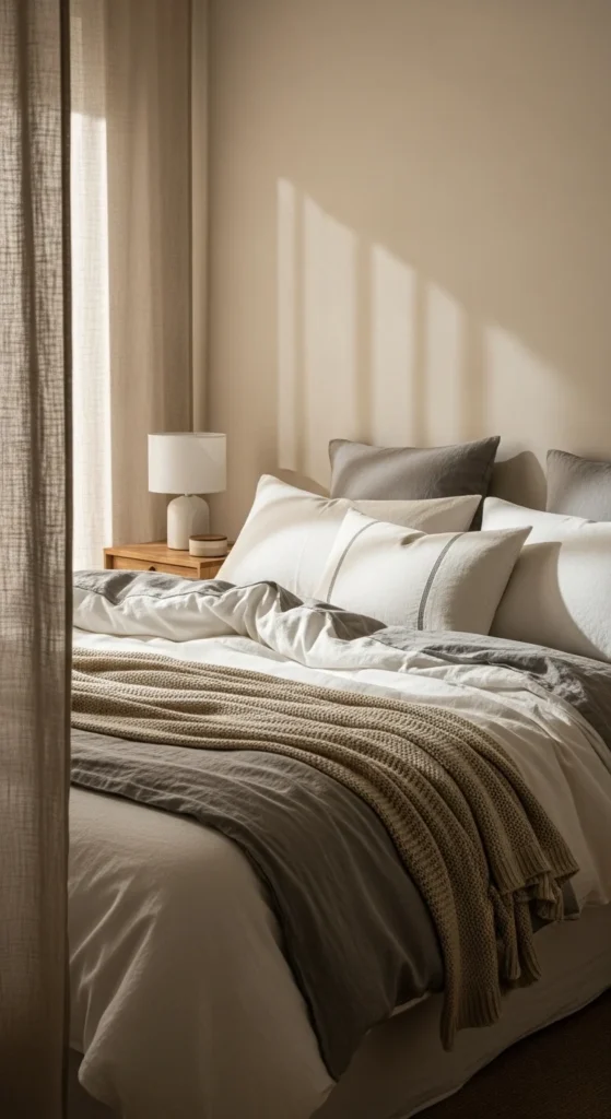 7 Japandi Bedroom Design Tips For A Zen Space Japandi bed with layered linen bedding and soft knit throw