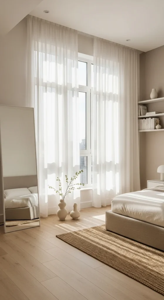 7 Japandi Bedroom Design Tips For A Zen Space Minimal Japandi bedroom with hidden storage and tidy surfaces