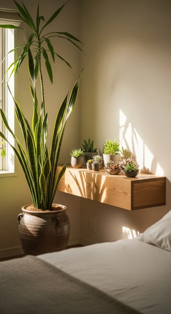 7 Japandi Bedroom Design Tips For A Zen Space Japandi bedroom with snake plant and succulents for natural touch