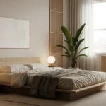 Japandi bedroom with wood accents, neutral tones, and soft lighting