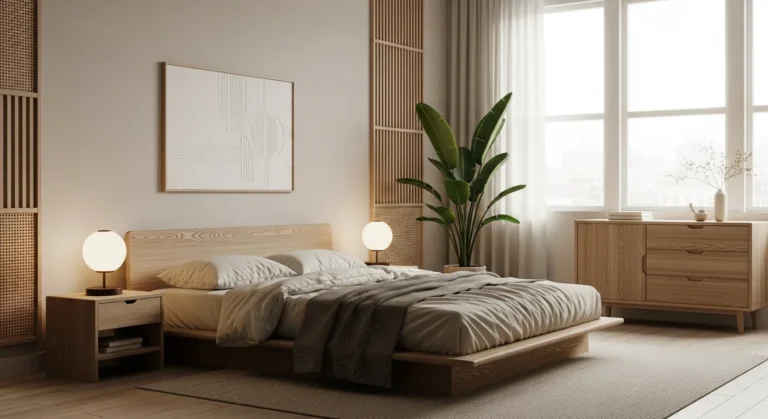 Japandi bedroom with wood accents, neutral tones, and soft lighting