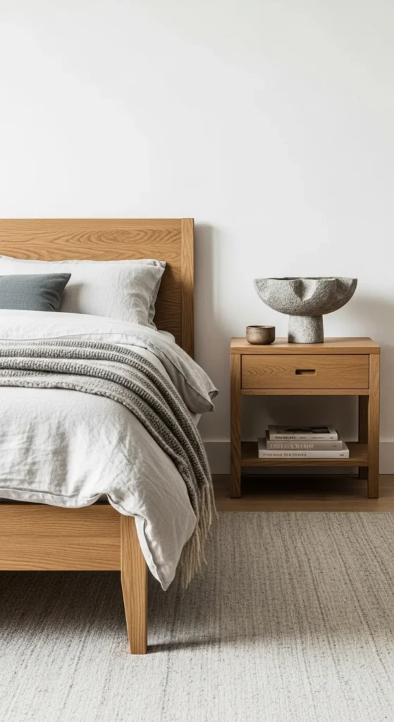 7 Japandi Bedroom Design Tips For A Zen Space Japandi bedroom with wood bed, linen bedding, and stone decor