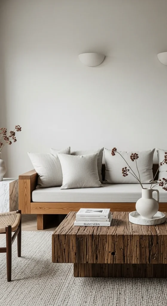 6 Japandi Living Room Ideas For Your New House Japandi living room with wooden furniture and stone accents
