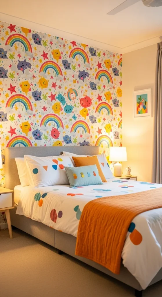 6 Super Simple Kids Bedroom Ideas Kids' bedroom with whimsical wallpaper on feature wall