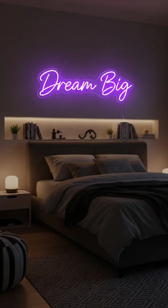 8 Trendy Bedroom Wall Accents With Backlit Magic LED neon sign and backlit wall creating playful bedroom vibe