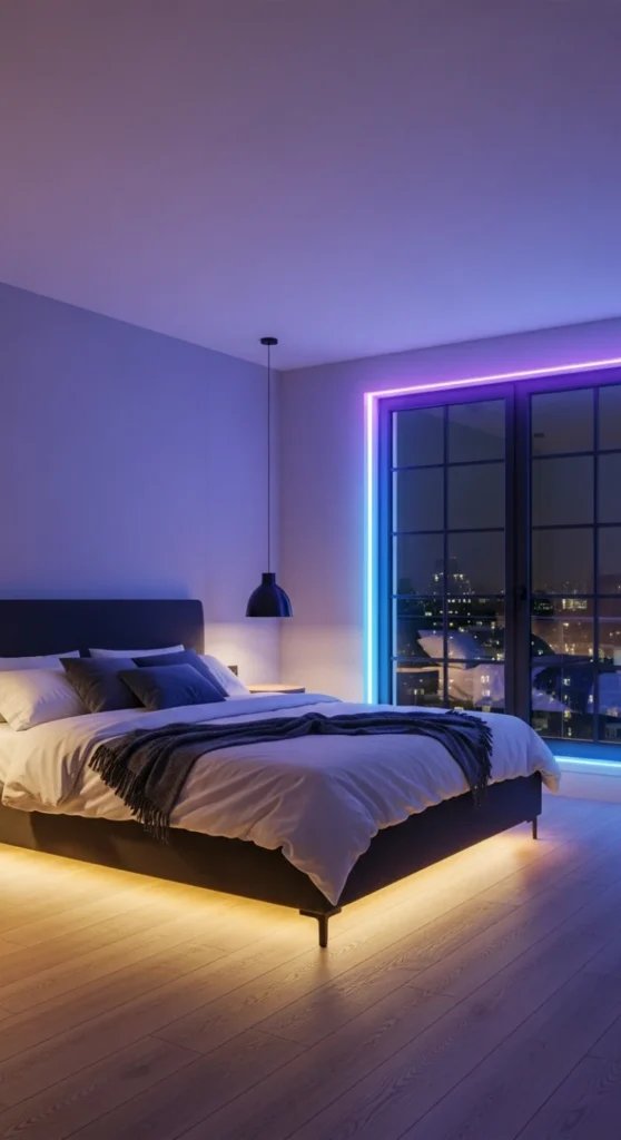 6 Best Bedroom LED Light Ideas LED strip lights under the bed and window frame in a modern room