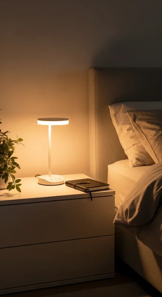 6 Best Bedroom LED Light Ideas LED table lamp on a nightstand glowing softly beside the bed