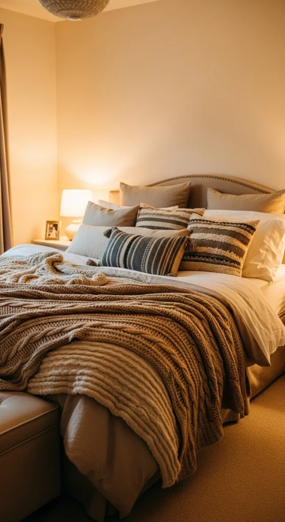 10 Warm Bedroom Aesthetic Ideas for a Comfy Retreat Layered bedding with throws and pillows in a warm bedroom