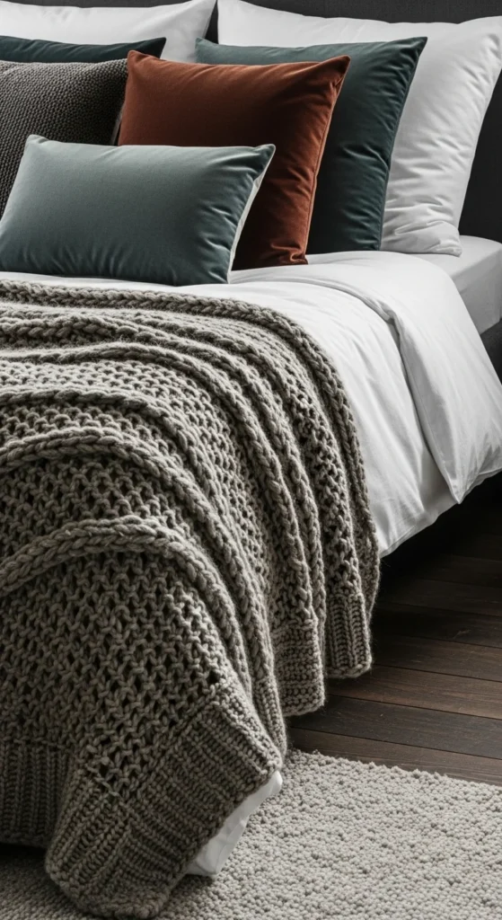 6 Cozy Dark Bedroom: Embrace Warmth and Intimacy Layered bedding with velvet pillows and knit blanket on dark floor