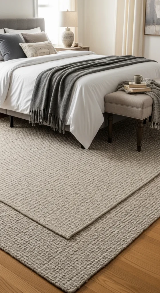 7 Classy Bedroom Ideas for Effortless Elegance Layered bedroom rugs in neutral tones over wooden flooring