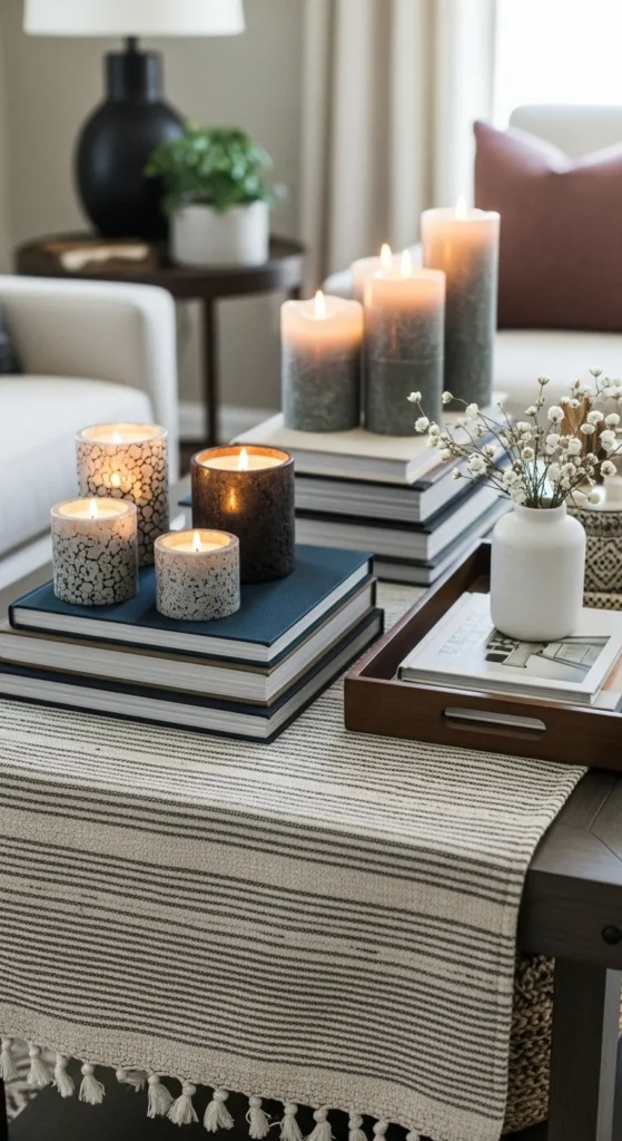 7 Showstopper Living Room Center Table Decor Ideas Layered center table with books, candles, and tray
